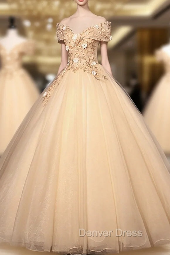 Champagne V-Neck Lace Long Ball Gown, Off the Shoulder Formal Evening Dresses