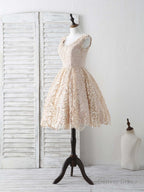 Champagne V Neck Lace Short Prom Dress Champagne Bridesmaid Dresses