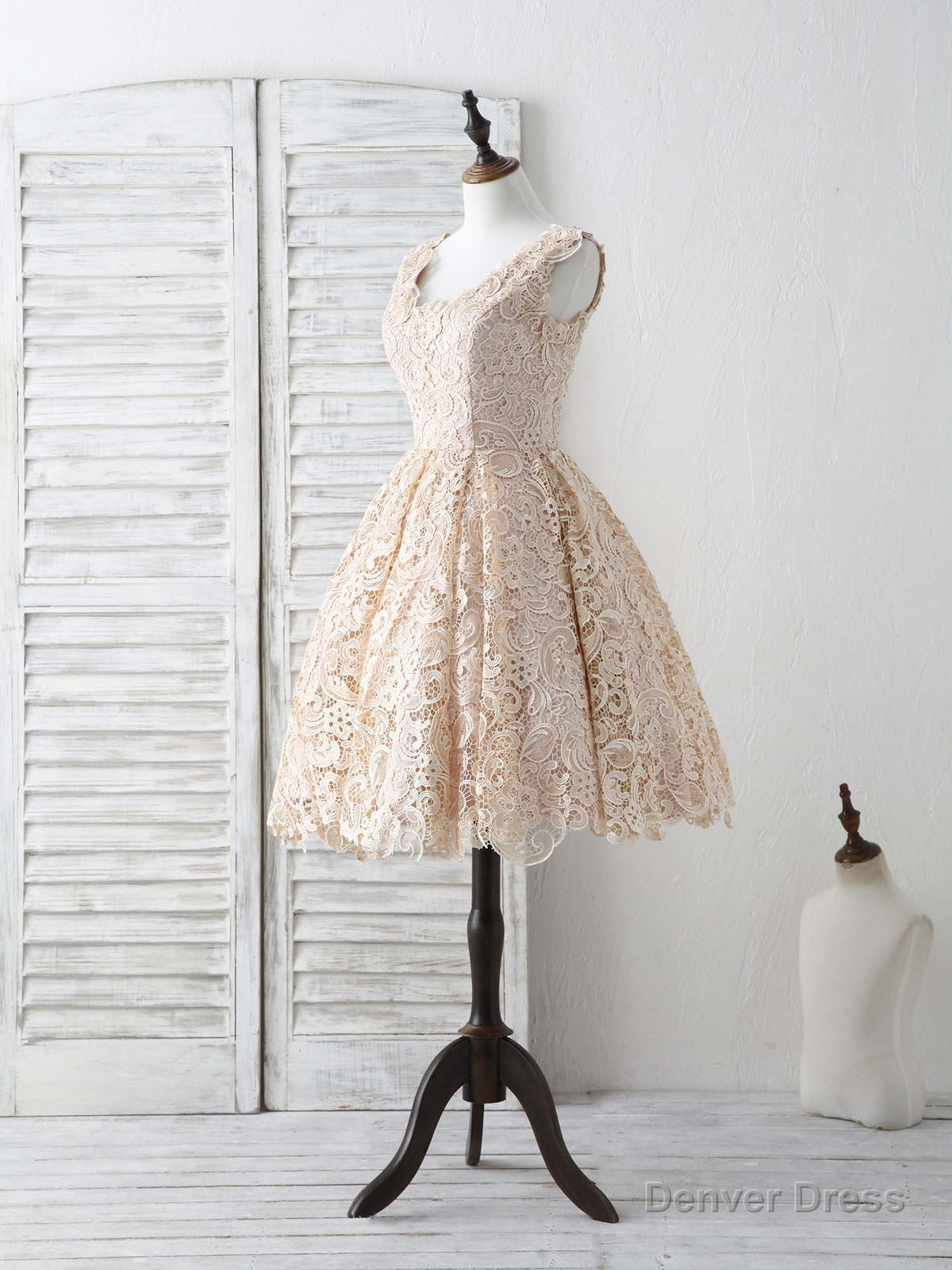 Champagne V Neck Lace Short Prom Dress Champagne Bridesmaid Dresses