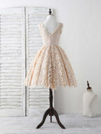 Champagne V Neck Lace Short Prom Dress Champagne Bridesmaid Dresses