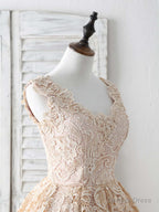 Champagne V Neck Lace Short Prom Dress Champagne Bridesmaid Dresses