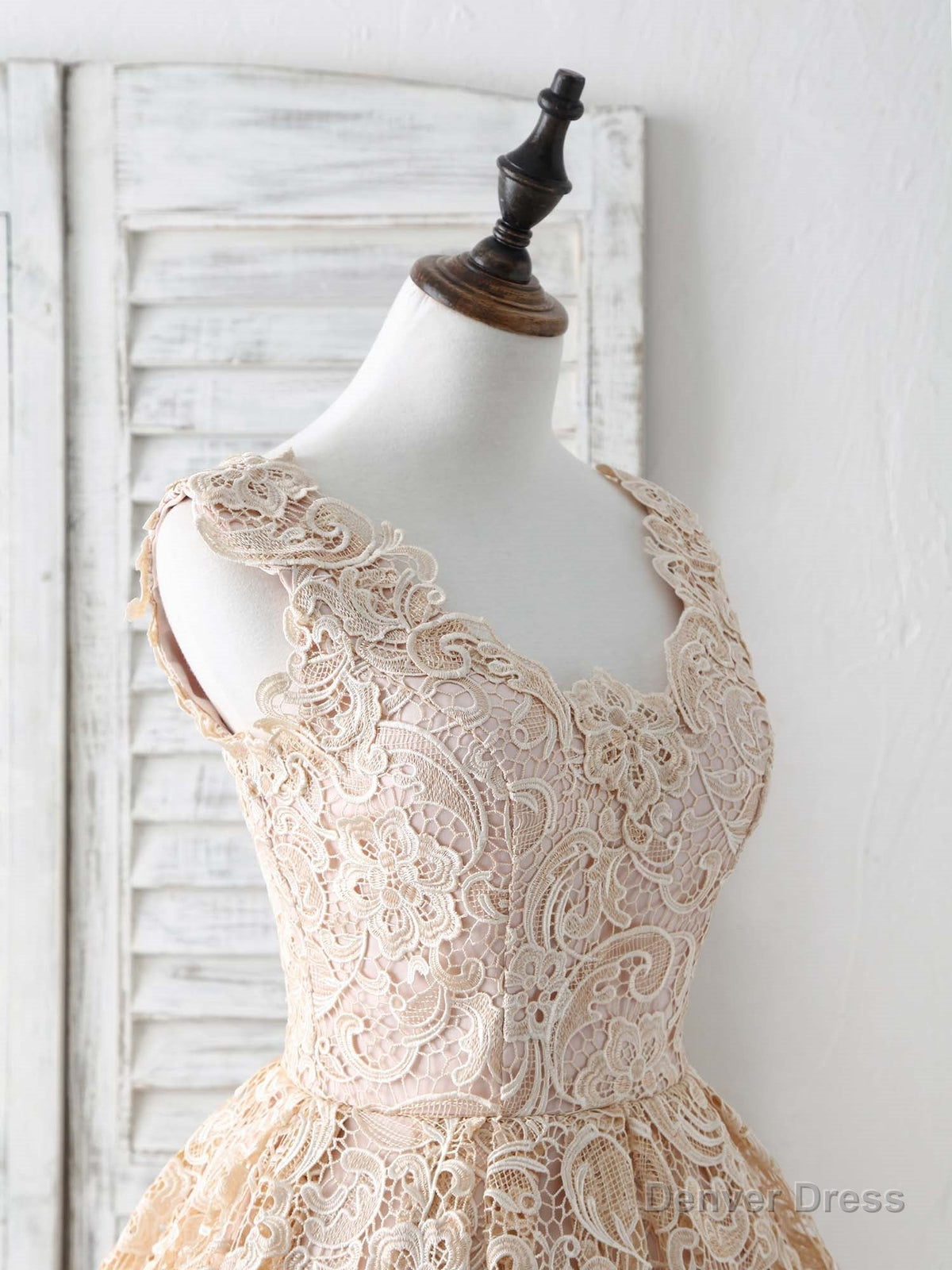 Champagne V Neck Lace Short Prom Dress Champagne Bridesmaid Dresses