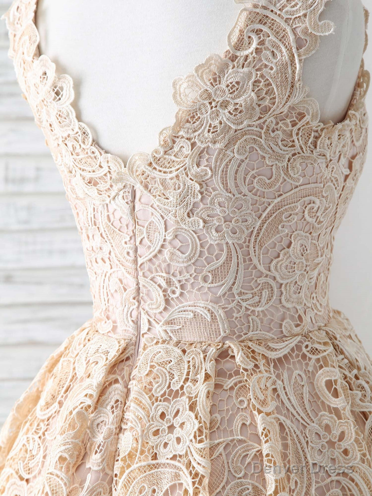 Champagne V Neck Lace Short Prom Dress Champagne Bridesmaid Dresses