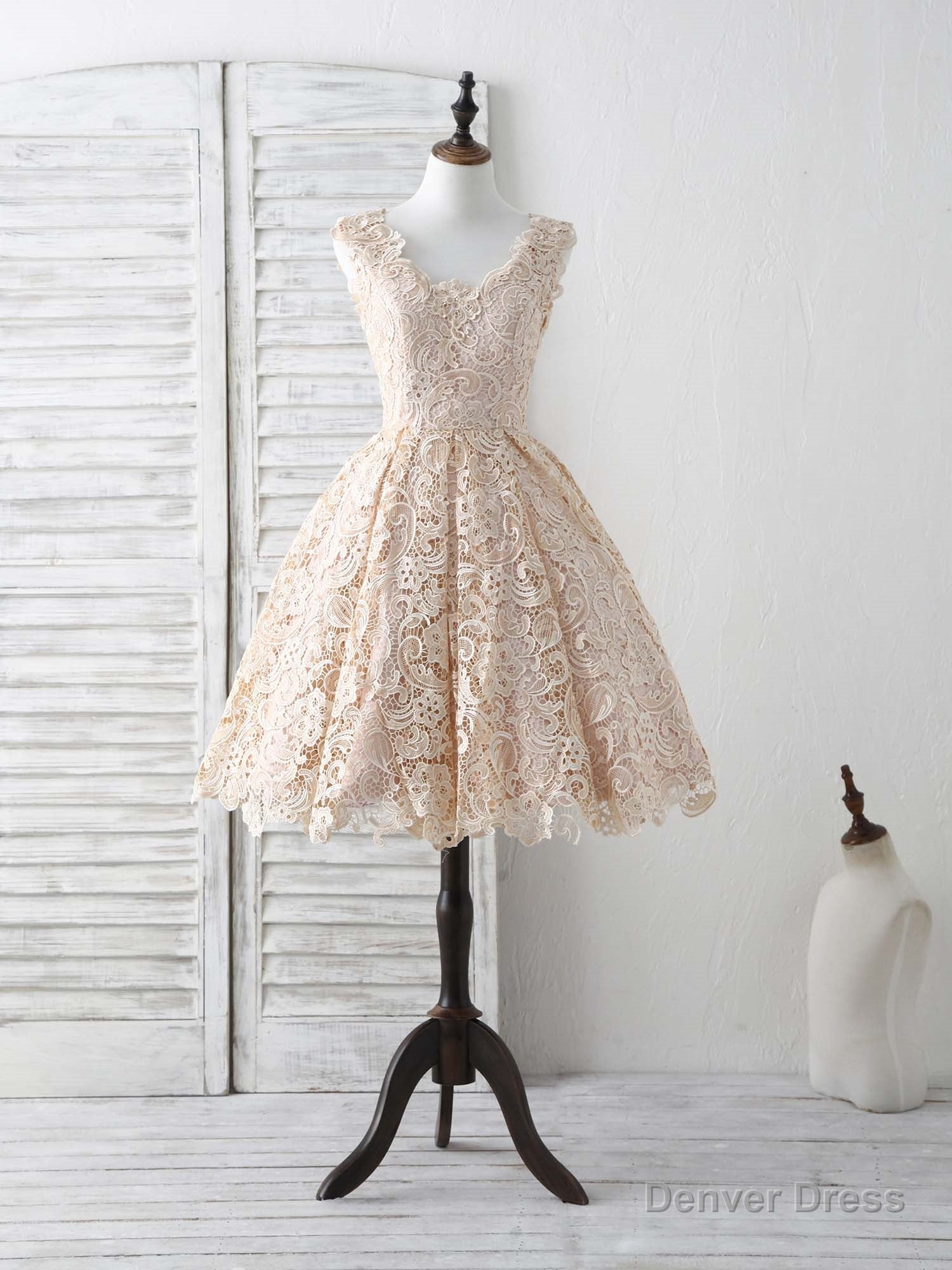 Champagne V Neck Lace Short Prom Dress Champagne Bridesmaid Dresses Secondary image