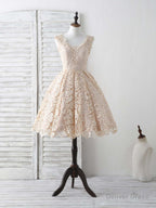 Champagne V Neck Lace Short Prom Dress Champagne Bridesmaid Dresses