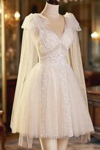 Champagne V Neck Lace Short Prom Dress, Lovely A Line Prom Dresses