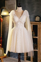 Champagne V Neck Lace Short Prom Dress, Lovely A Line Prom Dresses