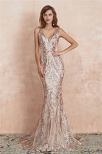 V Neck Sequins Mermaid Sleeveless Lace up Prom Dresses