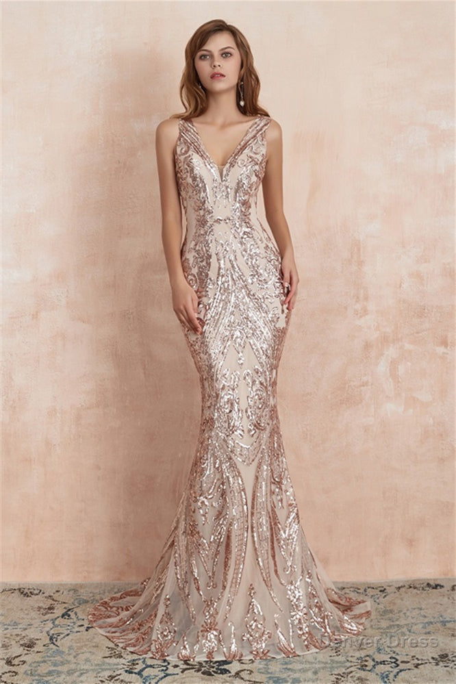 V Neck Sequins Mermaid Sleeveless Lace up Prom Dresses Secondary image