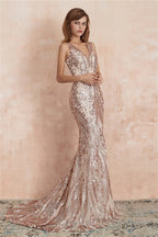 V Neck Sequins Mermaid Sleeveless Lace up Prom Dresses