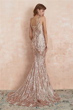 V Neck Sequins Mermaid Sleeveless Lace up Prom Dresses
