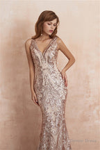 V Neck Sequins Mermaid Sleeveless Lace up Prom Dresses