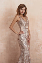 V Neck Sequins Mermaid Sleeveless Lace up Prom Dresses