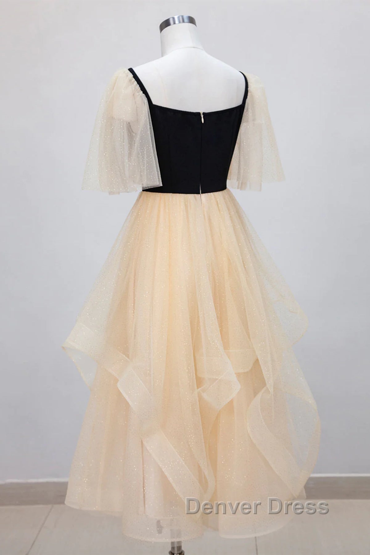 Champagne V Neck Tea Length Prom Dress, Tea Length Prom Graduation Dresses Secondary image