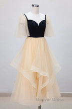 Champagne V Neck Tea Length Prom Dress, Tea Length Prom Graduation Dresses