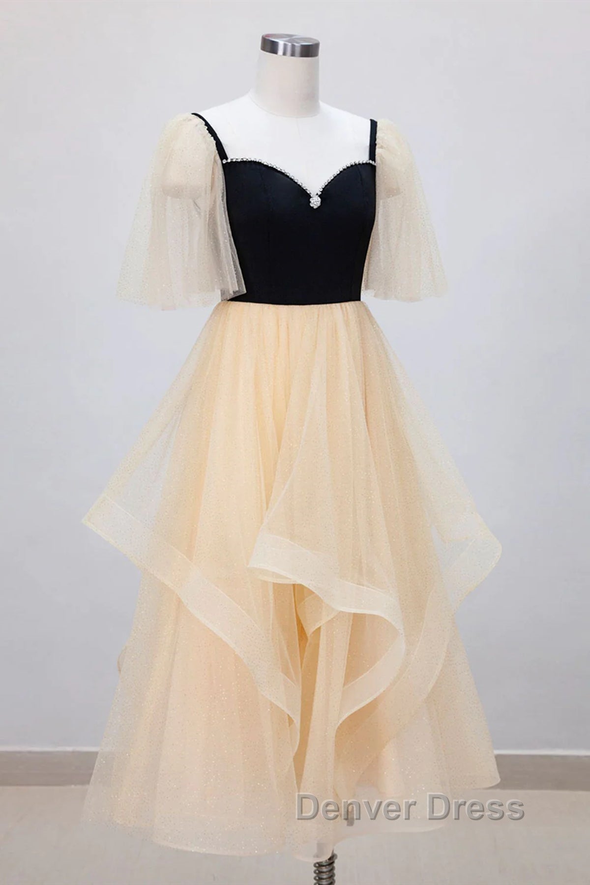 Champagne V Neck Tea Length Prom Dress, Tea Length Prom Graduation Dresses