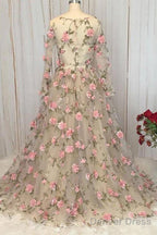 Champagne V Neck Tulle 3D Flowers Long Prom Dress Champagne Prom Dresses