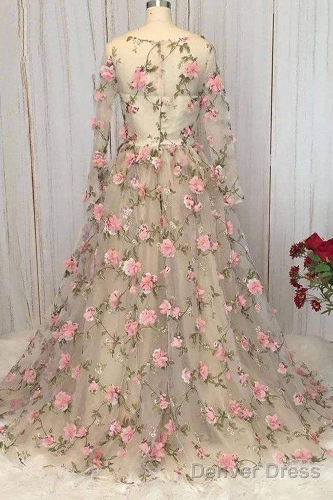 Champagne V Neck Tulle 3D Flowers Long Prom Dress Champagne Prom Dresses