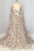 Champagne V Neck Tulle 3D Flowers Long Prom Dress Champagne Prom Dresses