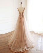 Champagne V Neck Tulle Beads Long Prom Dress Evening Dress