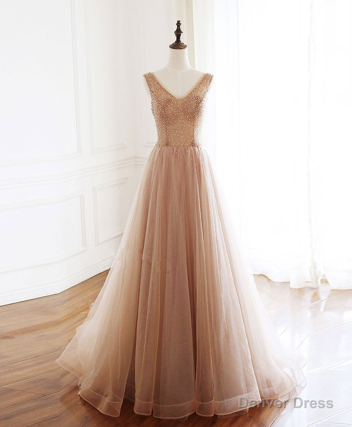 Champagne V Neck Tulle Beads Long Prom Dress Evening Dress Secondary image