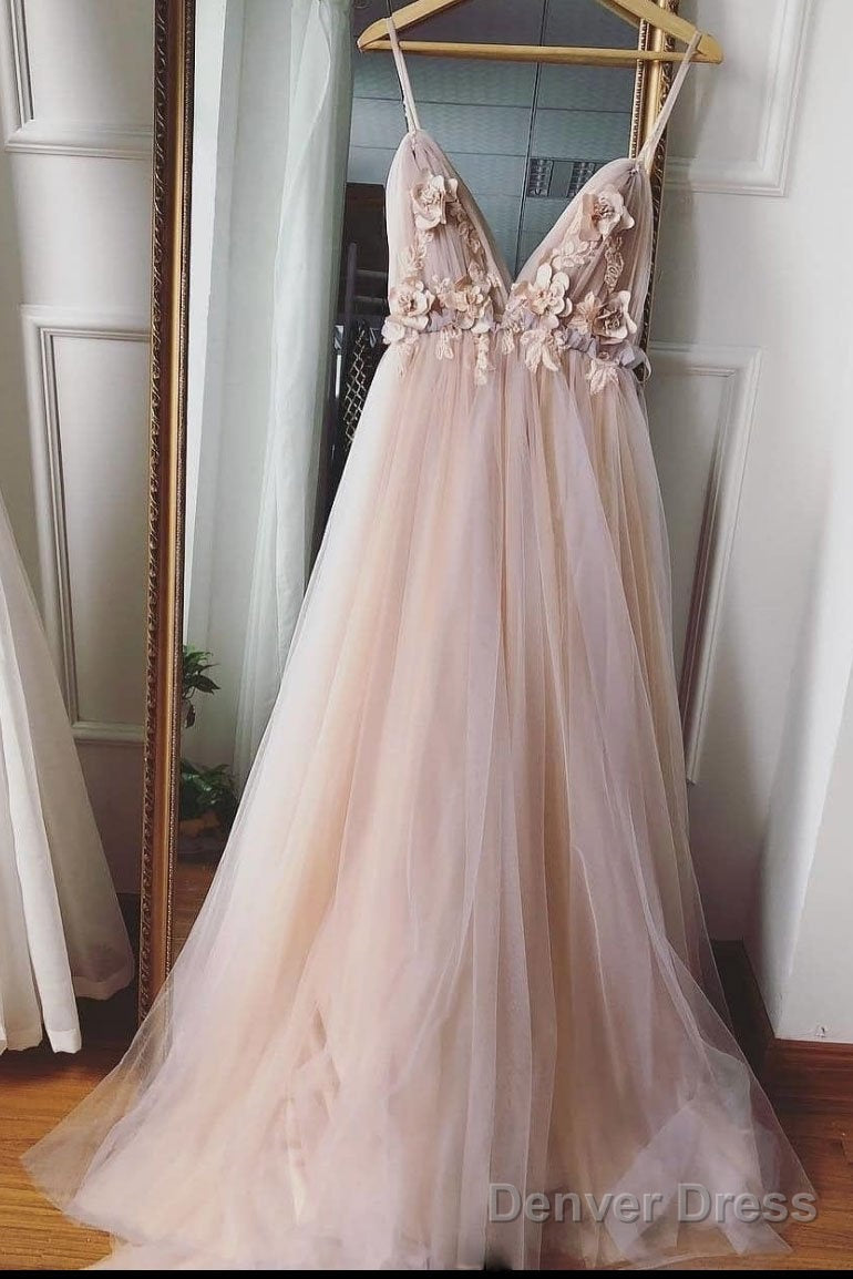 Champagne V Neck Tulle Floral Wedding Dresses, Champagne V Neck Tulle Prom Dresses Graduation Formal Dresses Secondary image