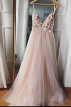 Champagne V Neck Tulle Floral Wedding Dresses, Champagne V Neck Tulle Prom Dresses Graduation Formal Dresses