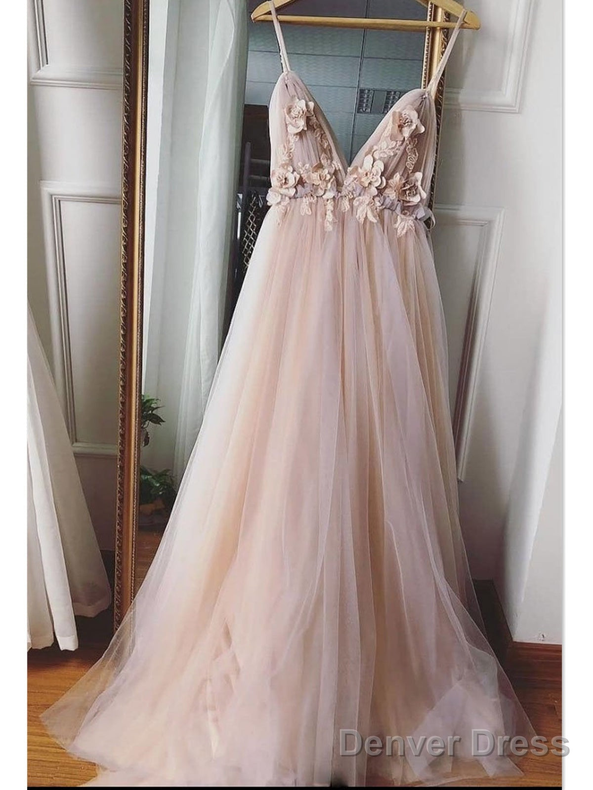 Champagne V Neck Tulle Floral Wedding Dresses, Champagne V Neck Tulle Prom Dresses Graduation Formal Dresses Main image
