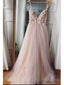 Champagne V Neck Tulle Floral Wedding Dresses, Champagne V Neck Tulle Prom Dresses Graduation Formal Dresses