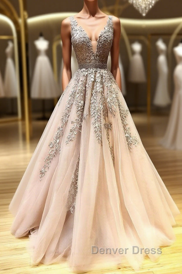 Champagne v neck tulle lace beads long prom Dress tulle Prom Dresses Main image