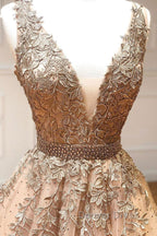 Champagne v neck tulle lace beads long prom Dress tulle Prom Dresses