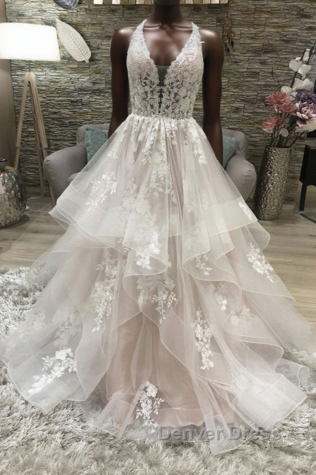 Champagne v neck tulle lace long prom Dress, champagne Prom Dresses