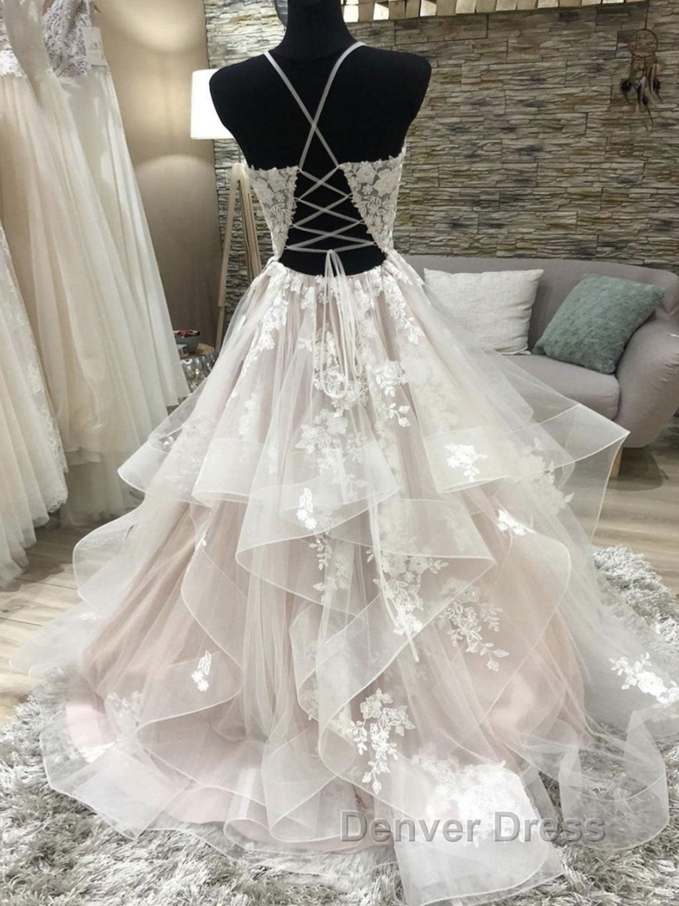 Champagne v neck tulle lace long prom Dress, champagne Prom Dresses Secondary image