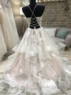 Champagne v neck tulle lace long prom Dress, champagne Prom Dresses