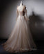 Champagne V Neck Tulle Lace Long Prom Dresses, Champagne Formal Evening Dresses