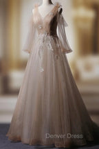 Champagne V Neck Tulle Lace Long Prom Dresses, Champagne Formal Evening Dresses