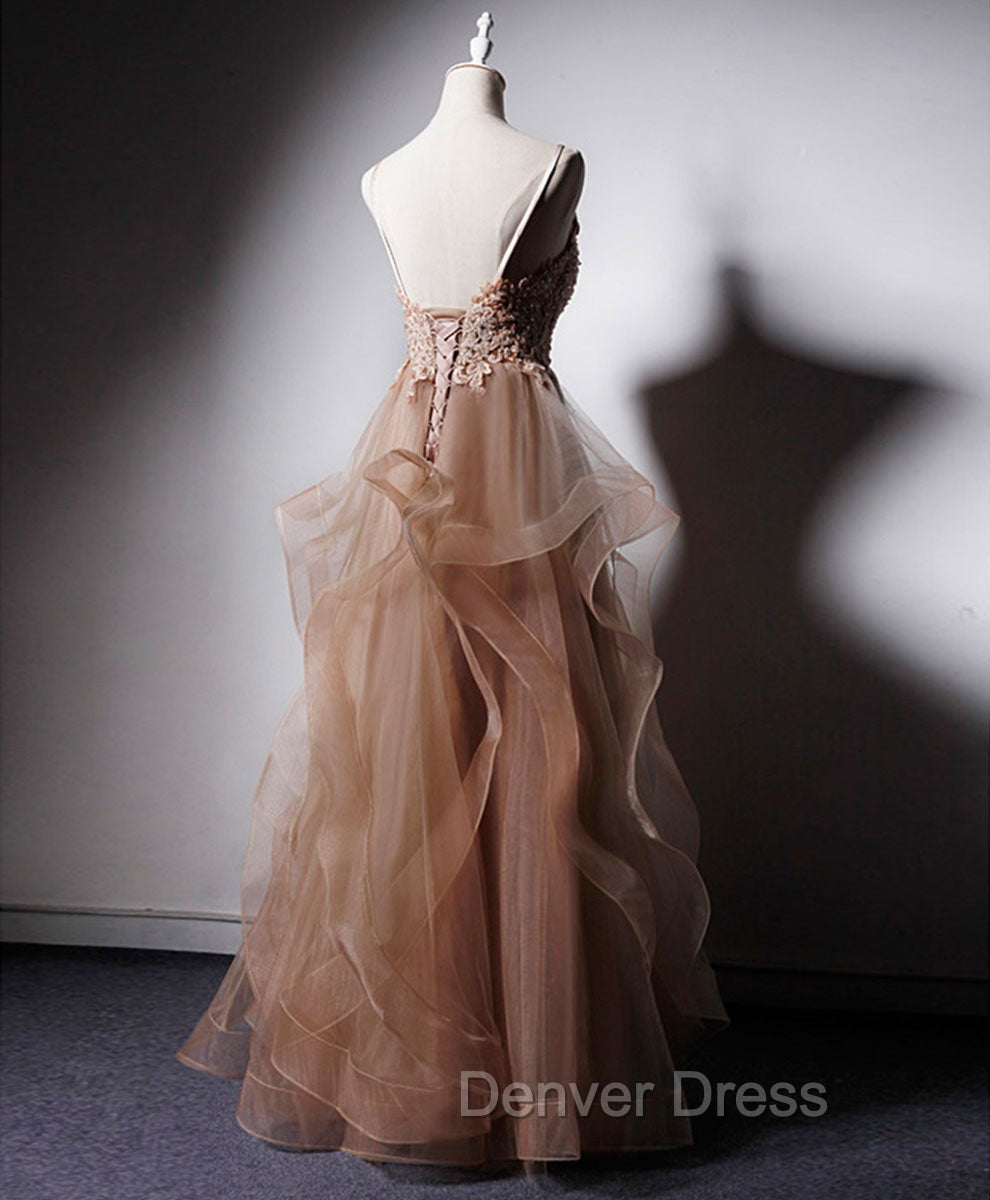 Champagne V Neck Tulle Lace Long Prom Dresses, Champagne Graduation Dresses Secondary image