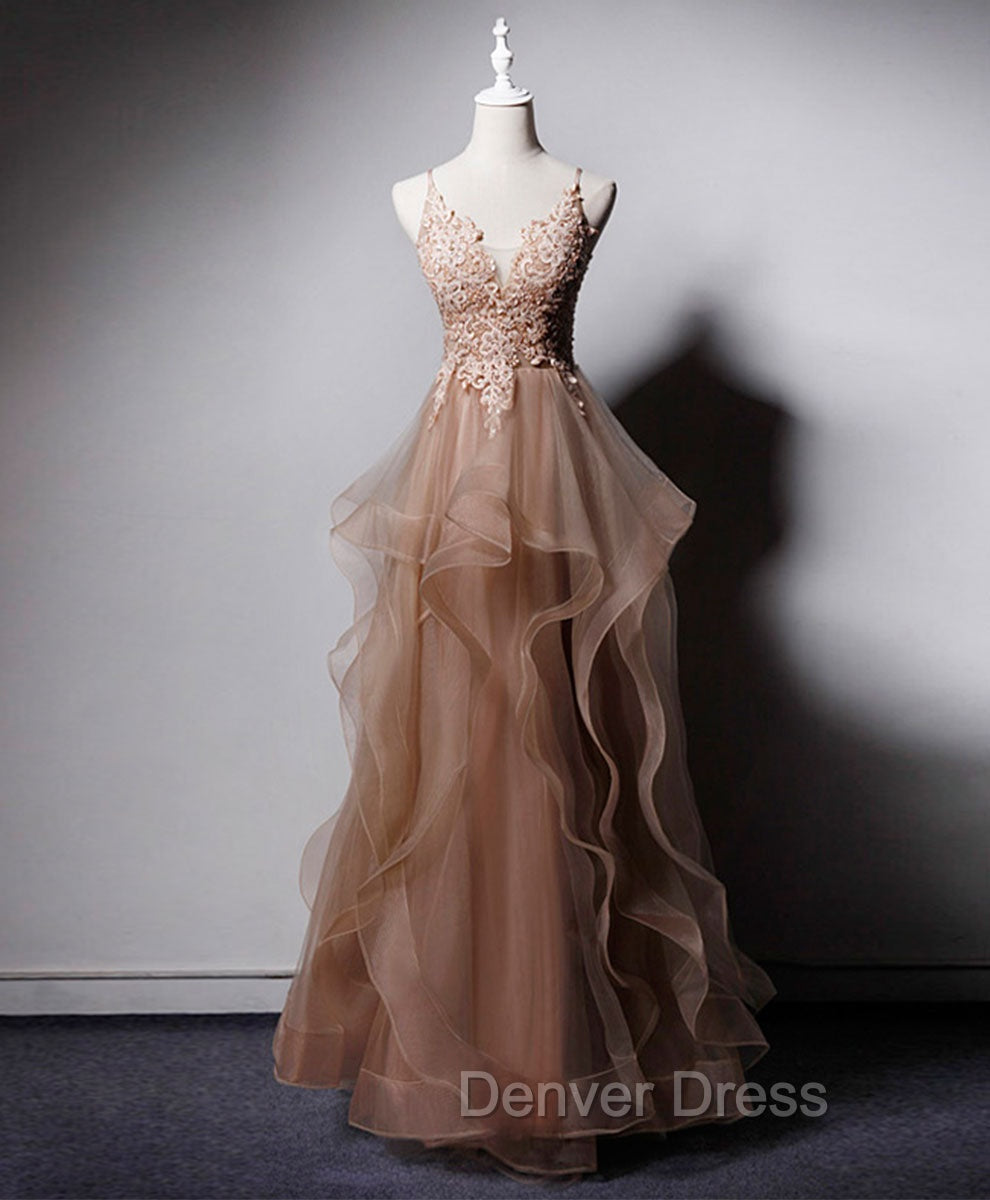 Champagne V Neck Tulle Lace Long Prom Dresses, Champagne Graduation Dresses Main image