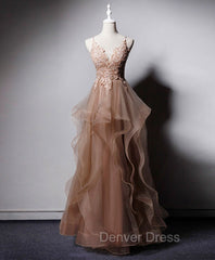 Champagne V Neck Tulle Lace Long Prom Dresses, Champagne Graduation Dresses