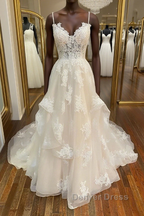 Champagne v neck tulle lace long prom Dress, champagne lace Prom Dresses Main image