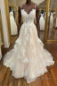 Champagne v neck tulle lace long prom Dress, champagne lace Prom Dresses