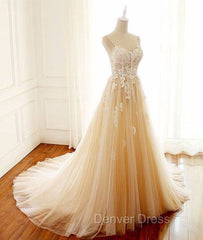 Champagne V Neck Tulle Lace Long Prom Dresses, Champagne Tulle Evening Dresses