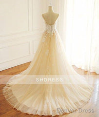 Champagne V Neck Tulle Lace Long Prom Dress, Champagne Tulle Evening Dress