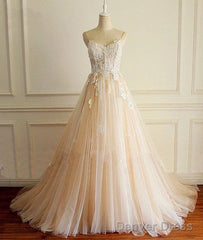 Champagne V Neck Tulle Lace Long Prom Dress, Champagne Tulle Evening Dress
