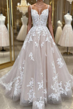 Champagne v neck tulle lace long prom Dress lace tulle Prom Dresses