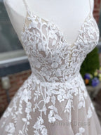 Champagne v neck tulle lace long prom Dress lace tulle Prom Dresses