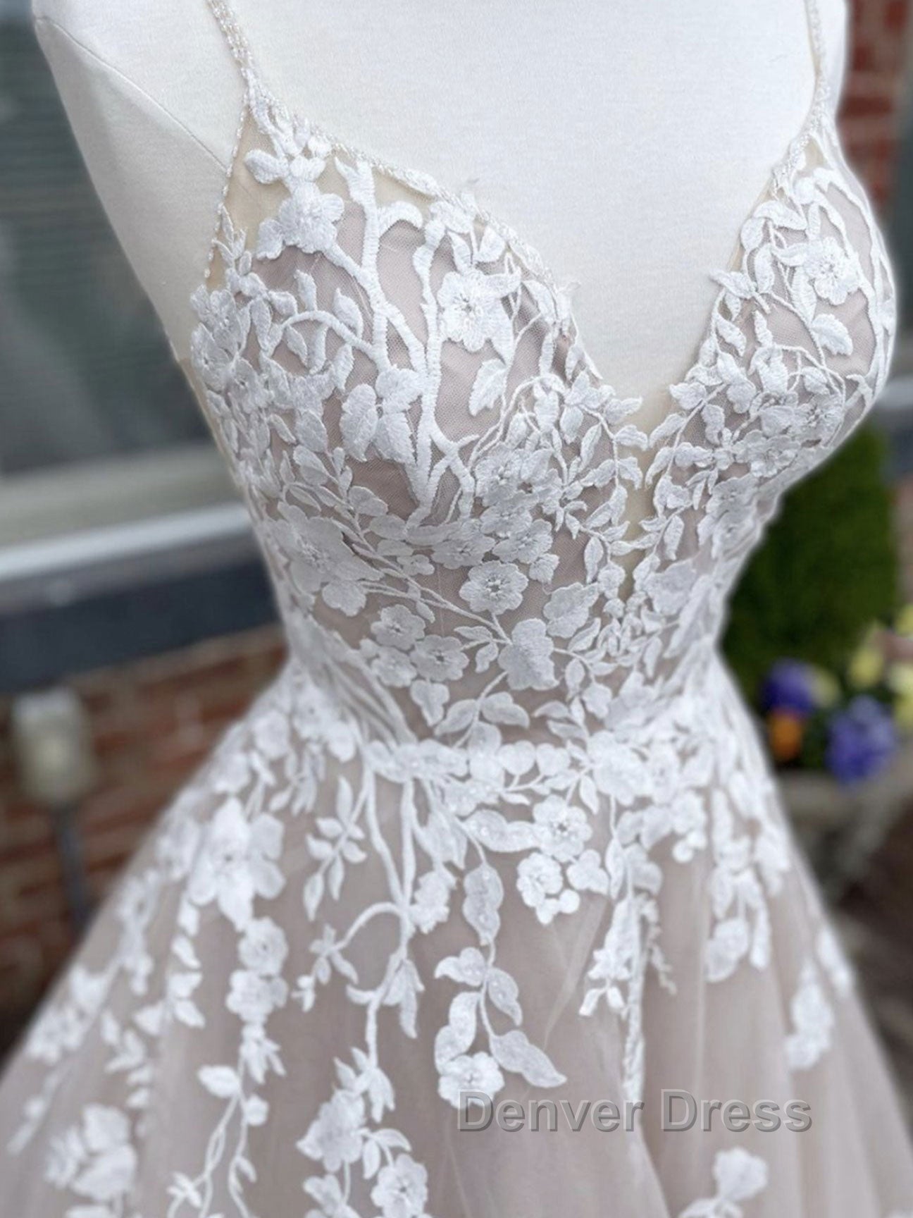 Champagne v neck tulle lace long prom Dress lace tulle Prom Dresses