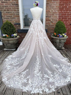 Champagne v neck tulle lace long prom Dress lace tulle Prom Dresses