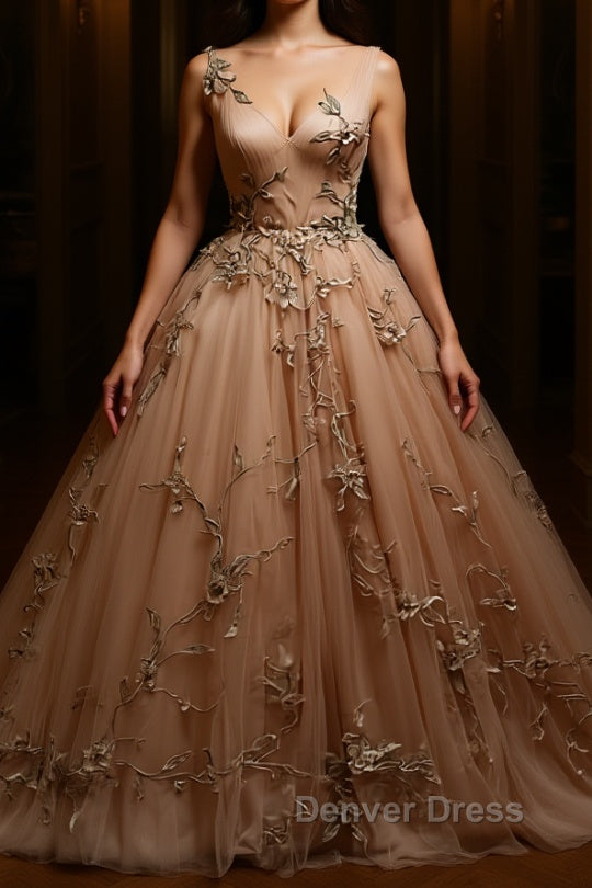Champagne v neck tulle lace prom Dress, champagne tulle Prom Dresses