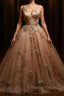 Champagne v neck tulle lace prom Dress, champagne tulle Prom Dresses